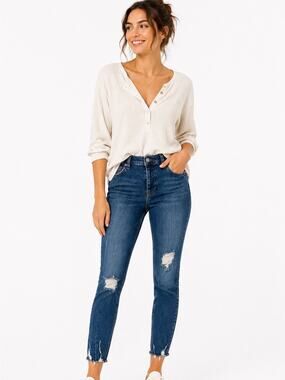 FREE PEOPLE Distressed Raw Hem Mid Rise Skinny Medium Blue Wash Jeans sz 26 x27